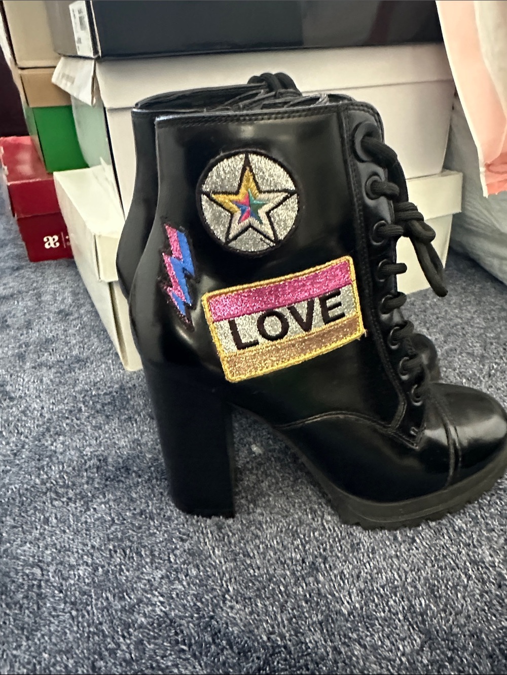Aldo Black Lace-Up Platform Ankle Boots with Colorful Patch Accents